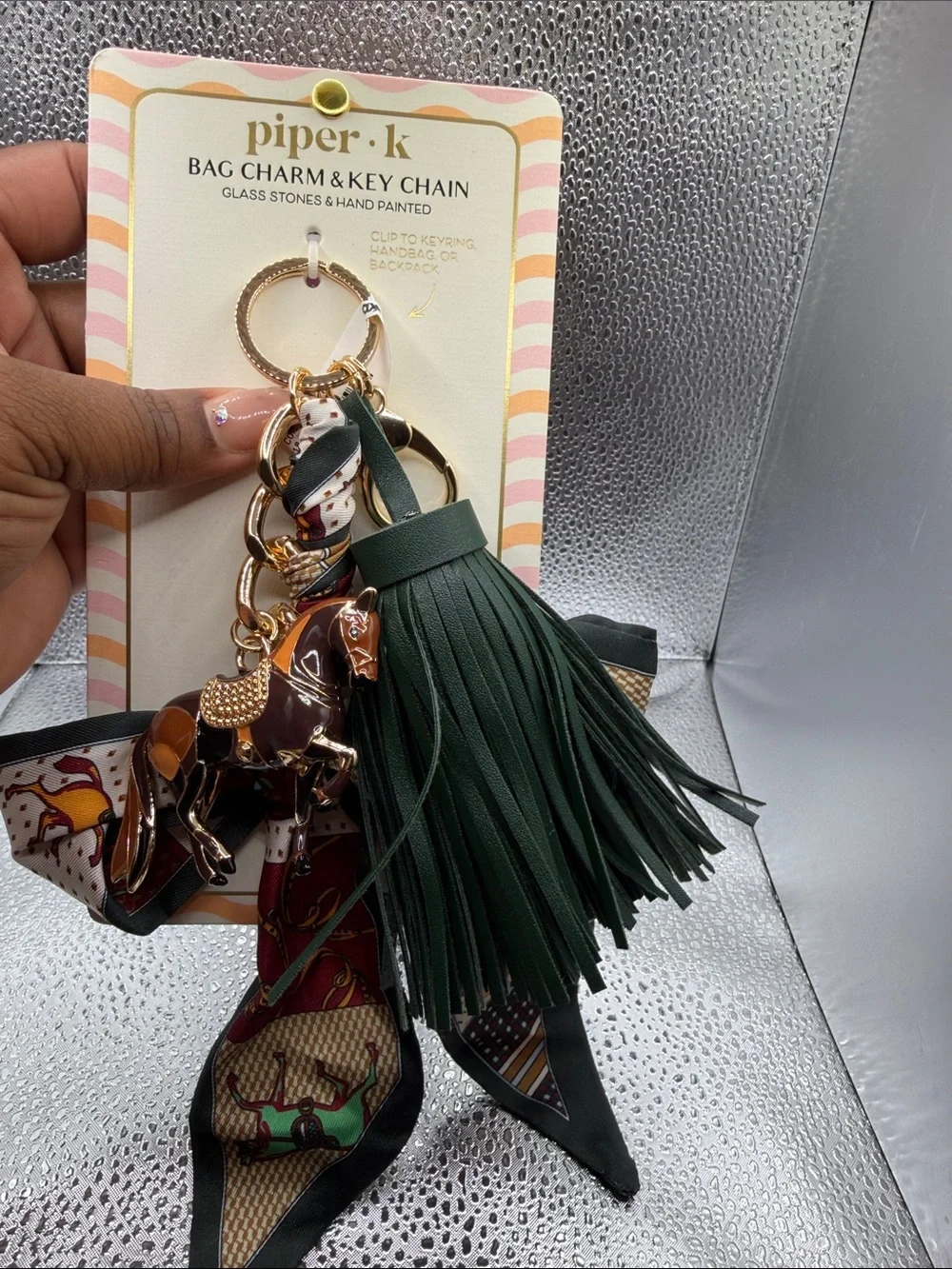 piper·k Dark Green Tassel Horse Bag Charm Keychain with Scarf Accent